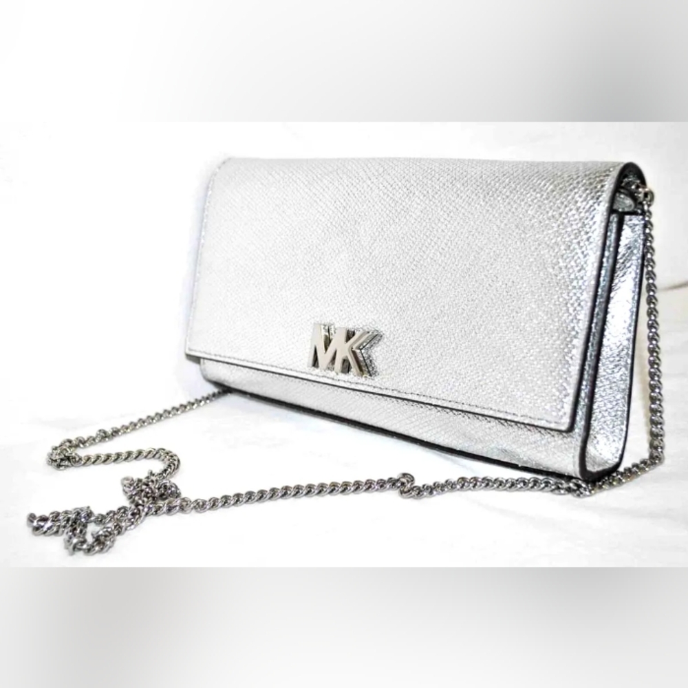 Michael Kors Mott Silver Leather Crossbody Clutch Bag
